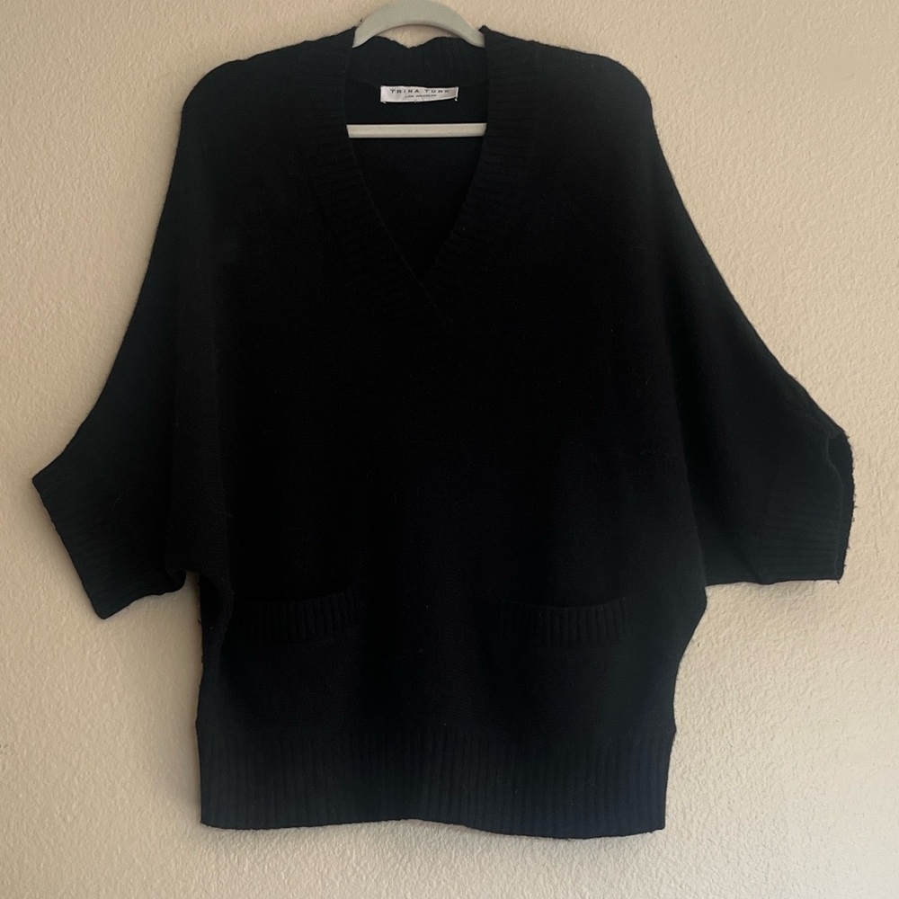 Trina Turk Black Wool Tunic Sweater with V-Neck, Dolman Sleeves and Front Pocket
